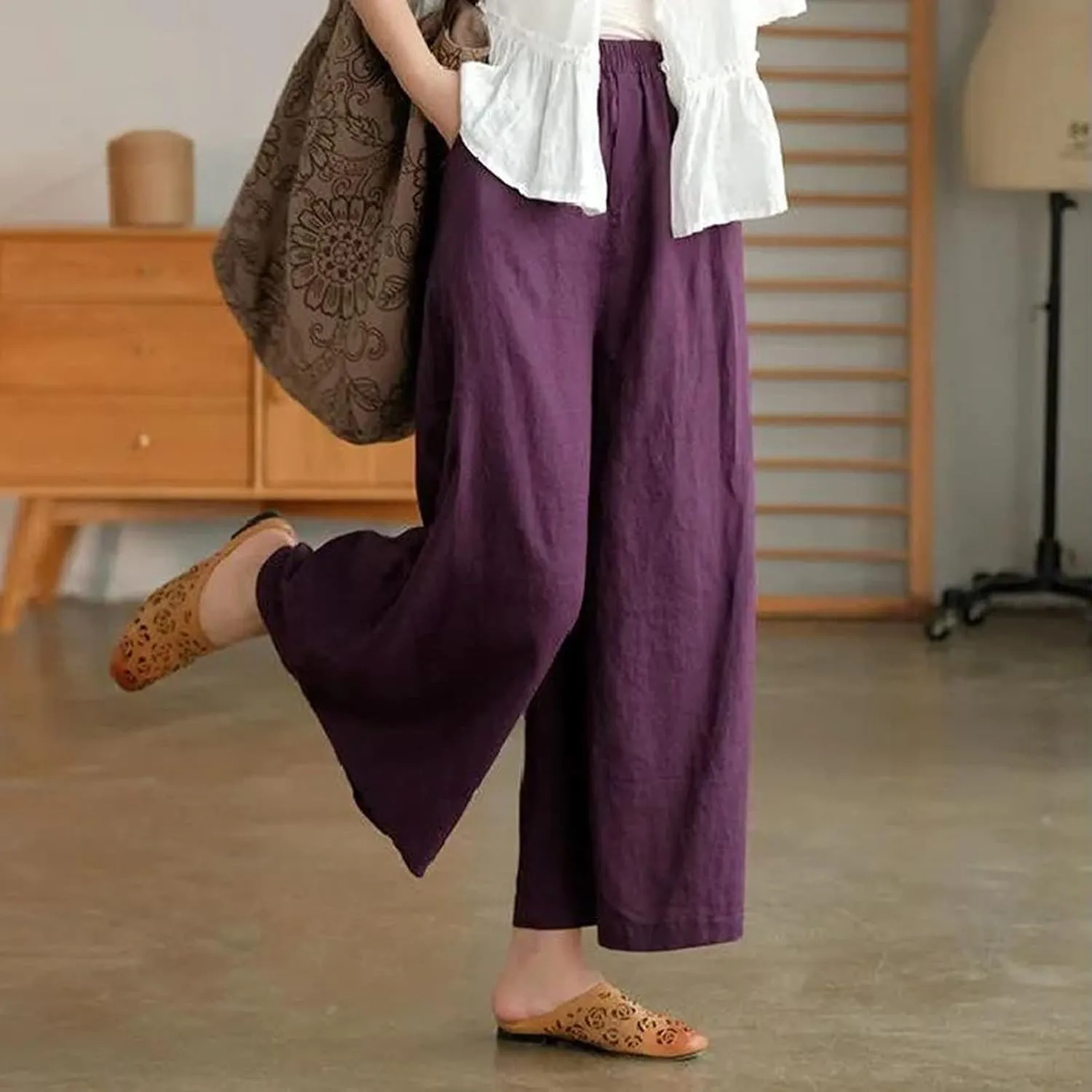 Women's Culottes Linen Wide Leg Cropped Pants Elastic Waist Loose Casual Flowy Palazzo Trousers with Pockets