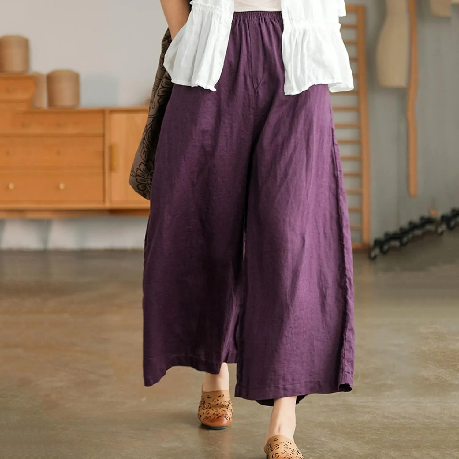 Women's Culottes Linen Wide Leg Cropped Pants Elastic Waist Loose Casual Flowy Palazzo Trousers with Pockets