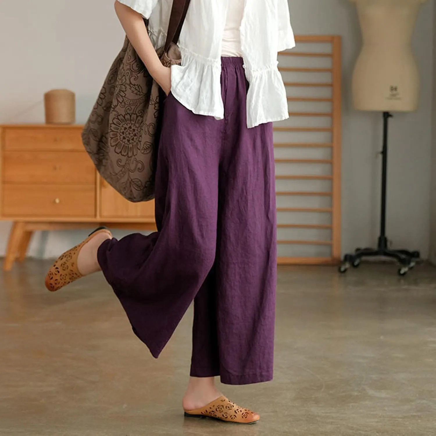 Women's Culottes Linen Wide Leg Cropped Pants Elastic Waist Loose Casual Flowy Palazzo Trousers with Pockets