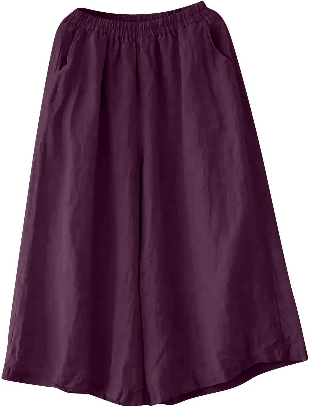 Women's Culottes Linen Wide Leg Cropped Pants Elastic Waist Loose Casual Flowy Palazzo Trousers with Pockets