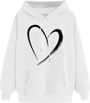 Womens Cute Heart Hoodies Graphic Pullover Fall Fashion Hooded Drawstring Sweatshirt Teen Girls Long Sleeve Sweater