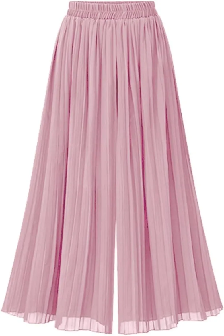 Women's Elastic Waist Pleated Chiffon Culottes Cropped Wide Leg Flowy Pants