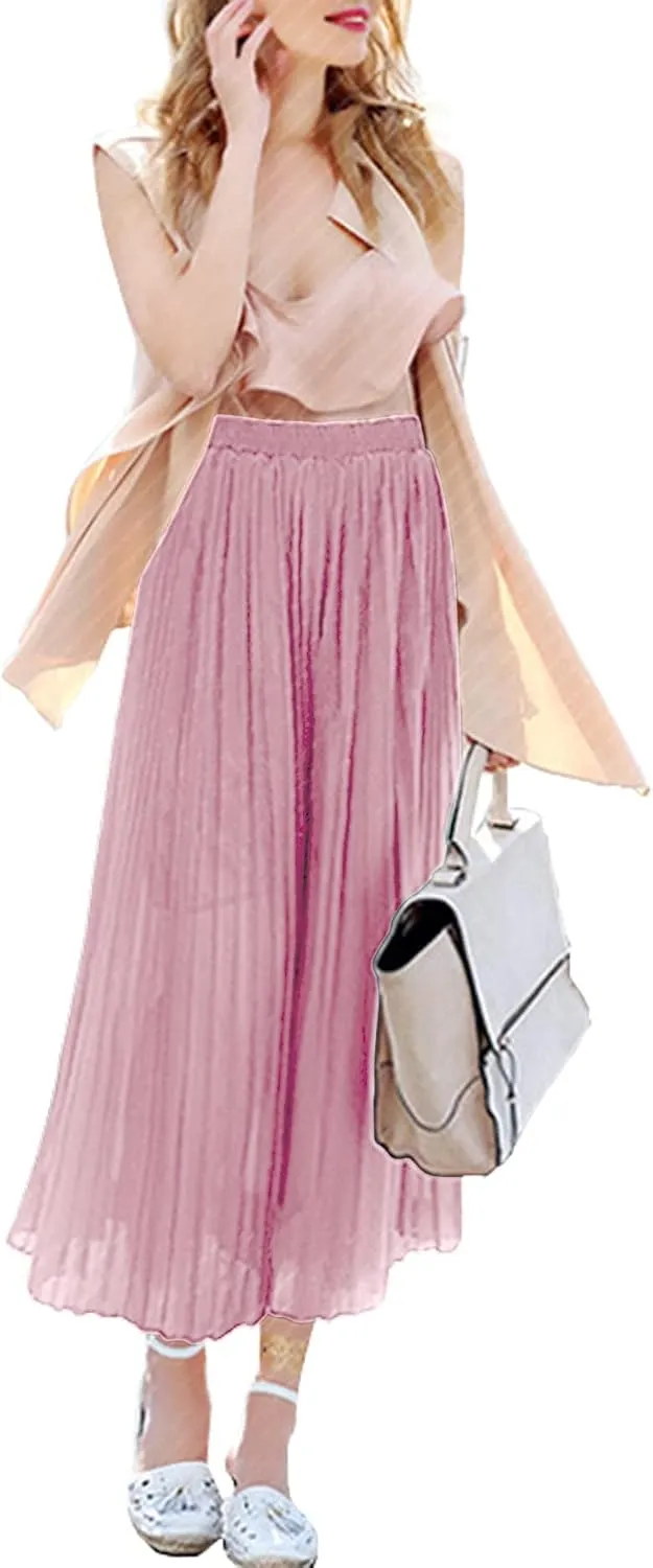 Women's Elastic Waist Pleated Chiffon Culottes Cropped Wide Leg Flowy Pants