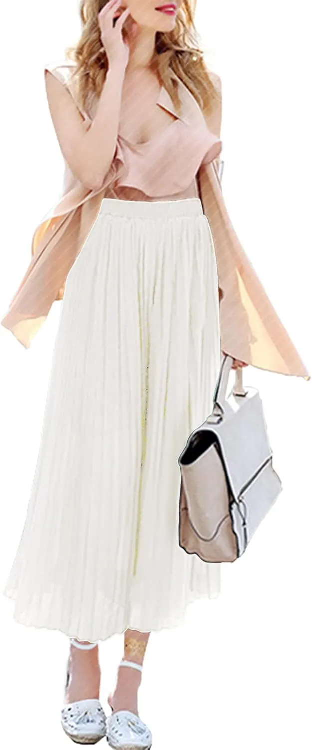 Women's Elastic Waist Pleated Chiffon Culottes Cropped Wide Leg Flowy Pants