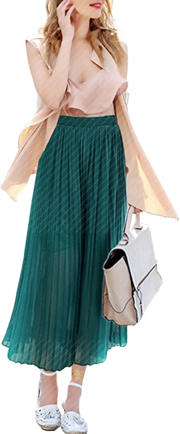 Women's Elastic Waist Pleated Chiffon Culottes Cropped Wide Leg Flowy Pants
