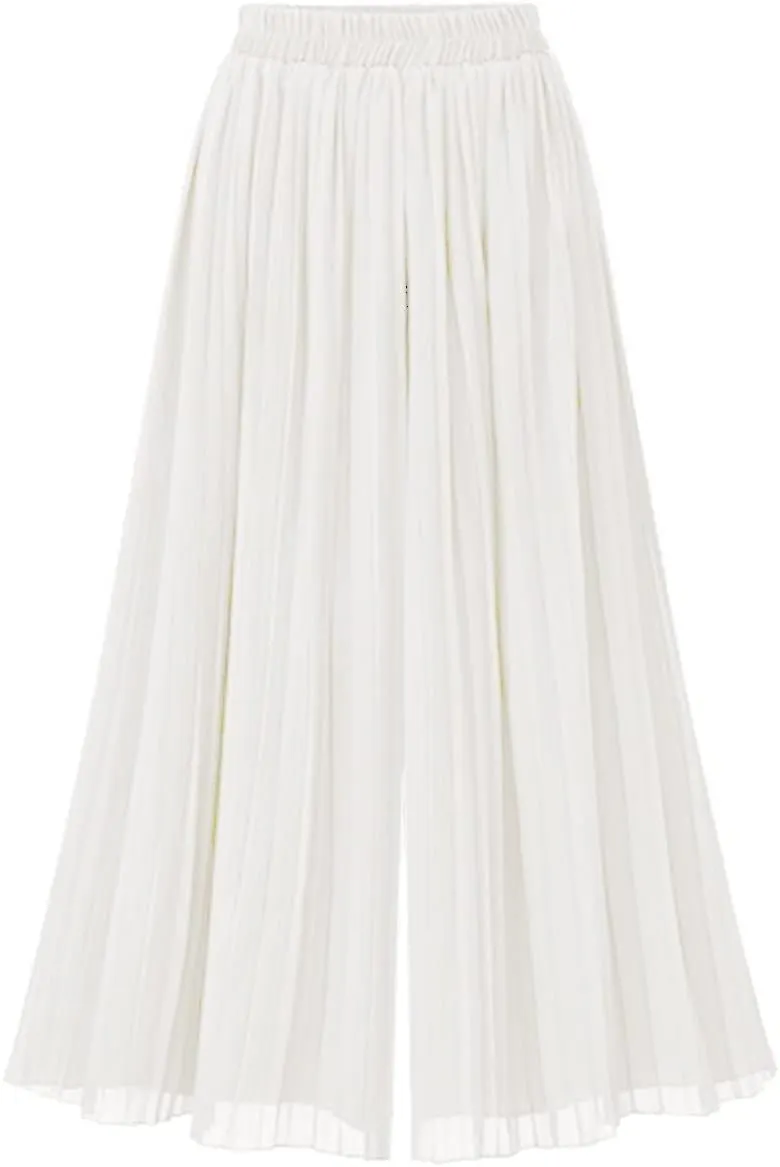 Women's Elastic Waist Pleated Chiffon Culottes Cropped Wide Leg Flowy Pants