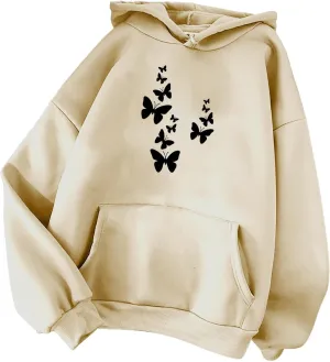 Womens Fashion Sweatshirt 2023 Long Sleeve Butterfly Graphic Drawstring Cute Pullover Hoodies Slim Casual Shirts with Pocket