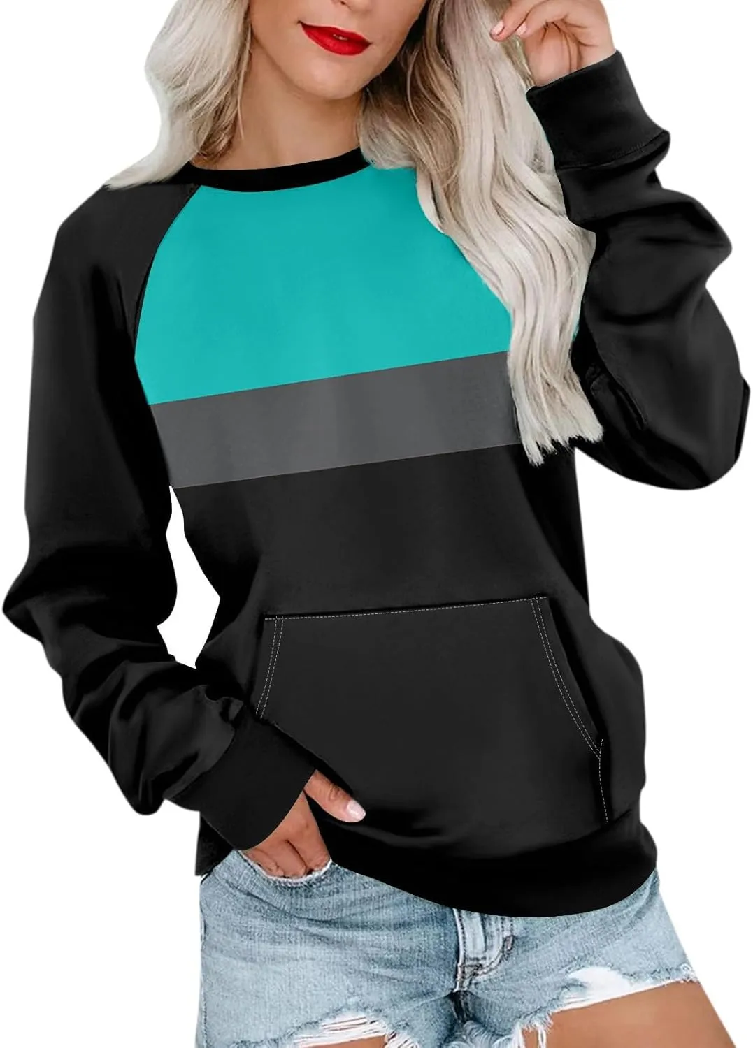 Women's Fashion Sweatshirt 2024 Casual Loose Splicing Color Block Hoodless Wide Hem Long Sleeve Fall outfits Clothes