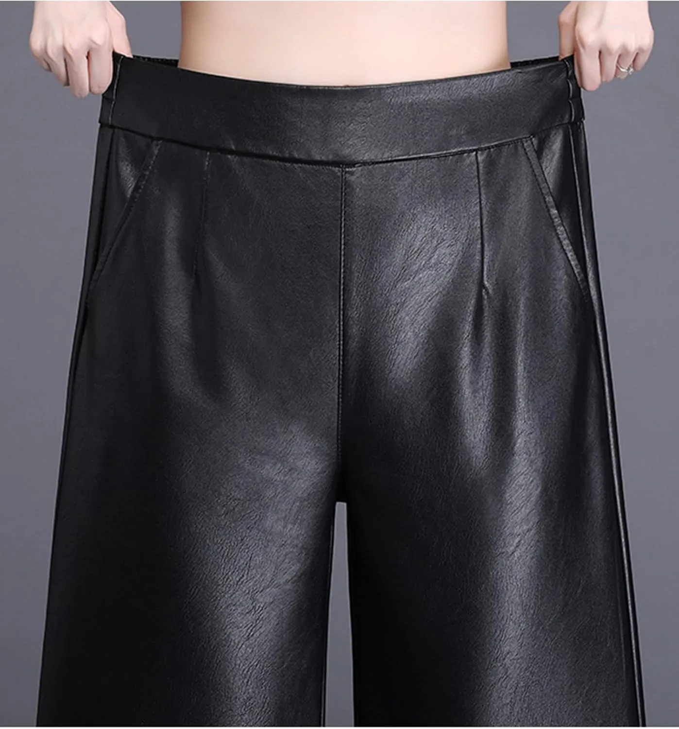 Women's Faux PU Leather Pants High Waist Wide Leg Trousers Culottes