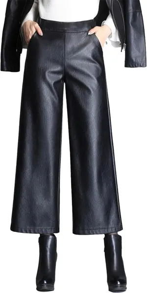 Women's Faux PU Leather Pants High Waist Wide Leg Trousers Culottes