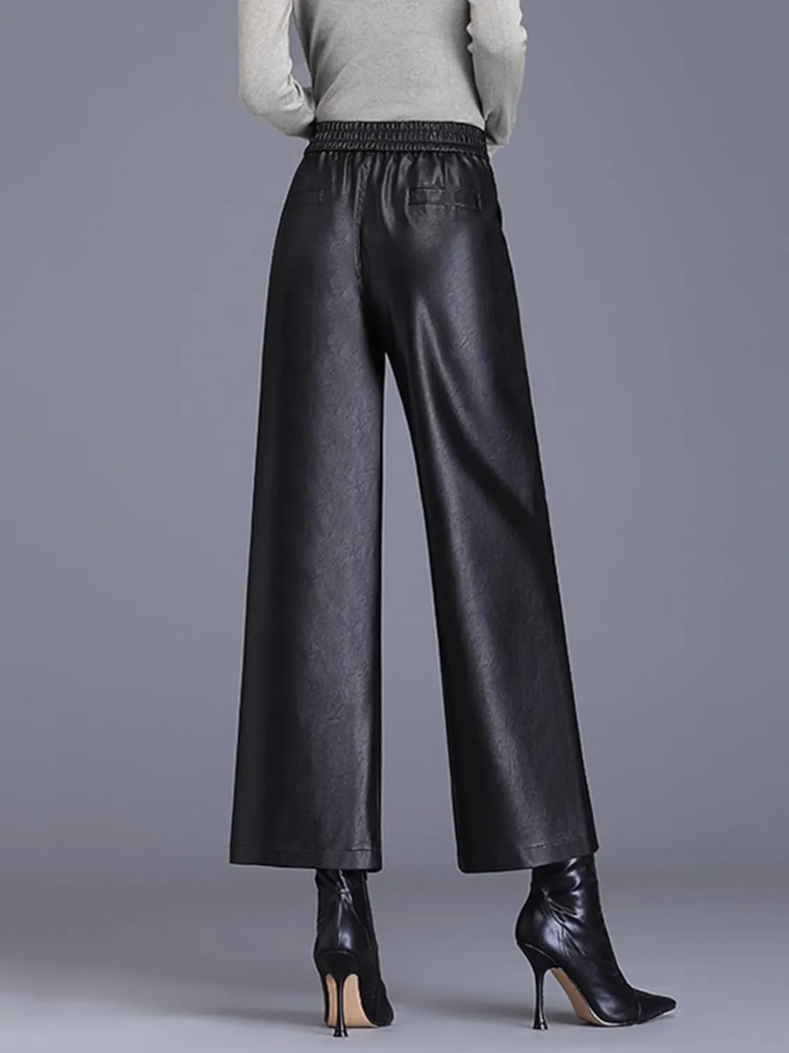 Women's Faux PU Leather Pants High Waist Wide Leg Trousers Culottes
