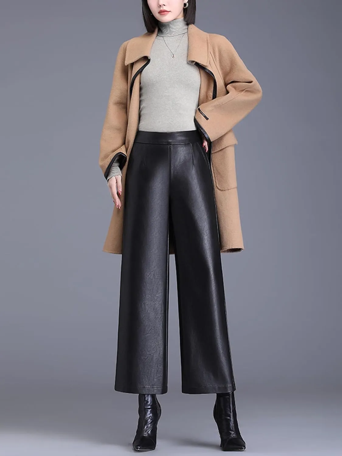 Women's Faux PU Leather Pants High Waist Wide Leg Trousers Culottes
