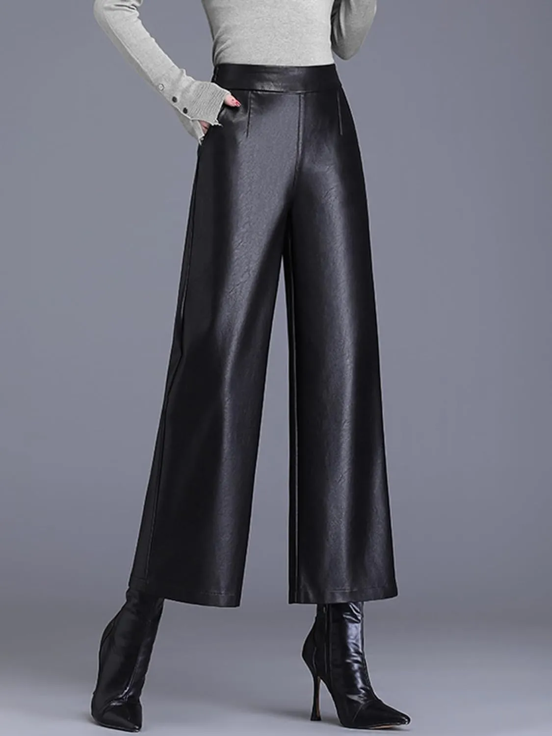 Women's Faux PU Leather Pants High Waist Wide Leg Trousers Culottes