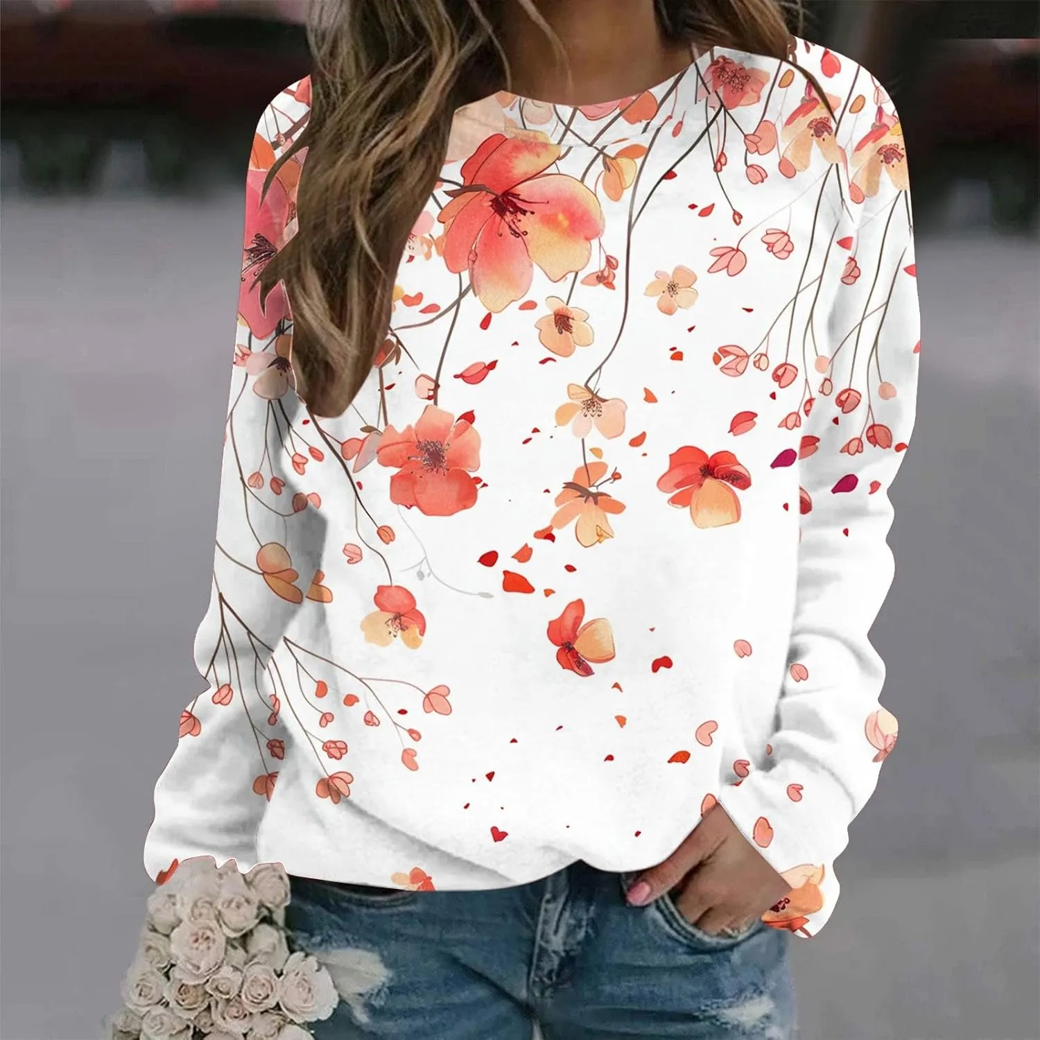 Womens Floral Shirts Long Sleeve Crewneck Sweatshirt Comfy Casual Trendy Fall Outfits Loose Fit Tunic Cute Tops