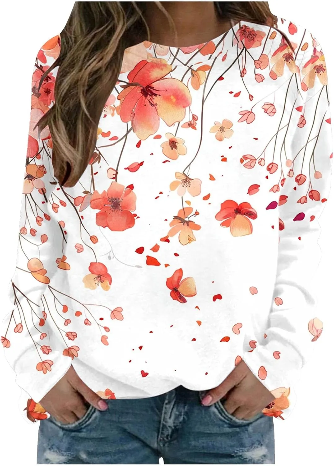 Womens Floral Shirts Long Sleeve Crewneck Sweatshirt Comfy Casual Trendy Fall Outfits Loose Fit Tunic Cute Tops