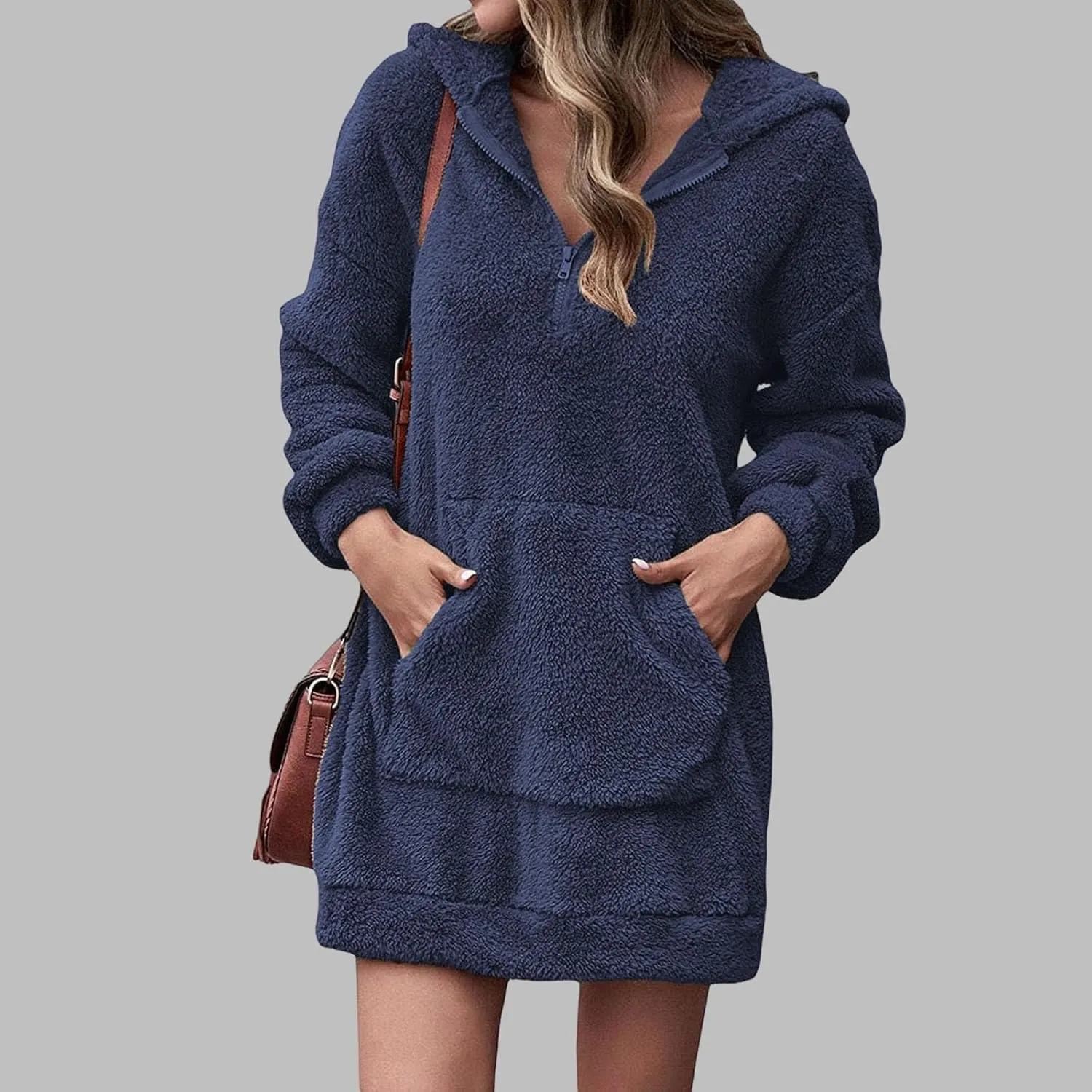 Womens Fuzzy Fleece Hoodies Oversized Half Zip Pullover Winter Long Sleeve Hooded Sweatshirts Casual Tunic Tops