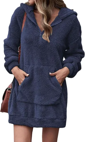 Womens Fuzzy Fleece Hoodies Oversized Half Zip Pullover Winter Long Sleeve Hooded Sweatshirts Casual Tunic Tops
