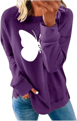 Womens Graphic Print Sweatshirts Long Sleeve Crewneck Tunic Tops Casual Butterfly Pullover Sweater Shirts Trendy 2023