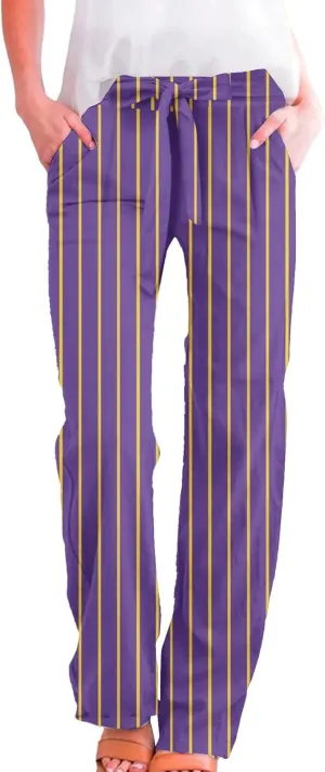 Womens High Waist Casual Linen Pants Adjustable Knot Drawstring Straight Leg Striped Print Lounge Trousers Pockets