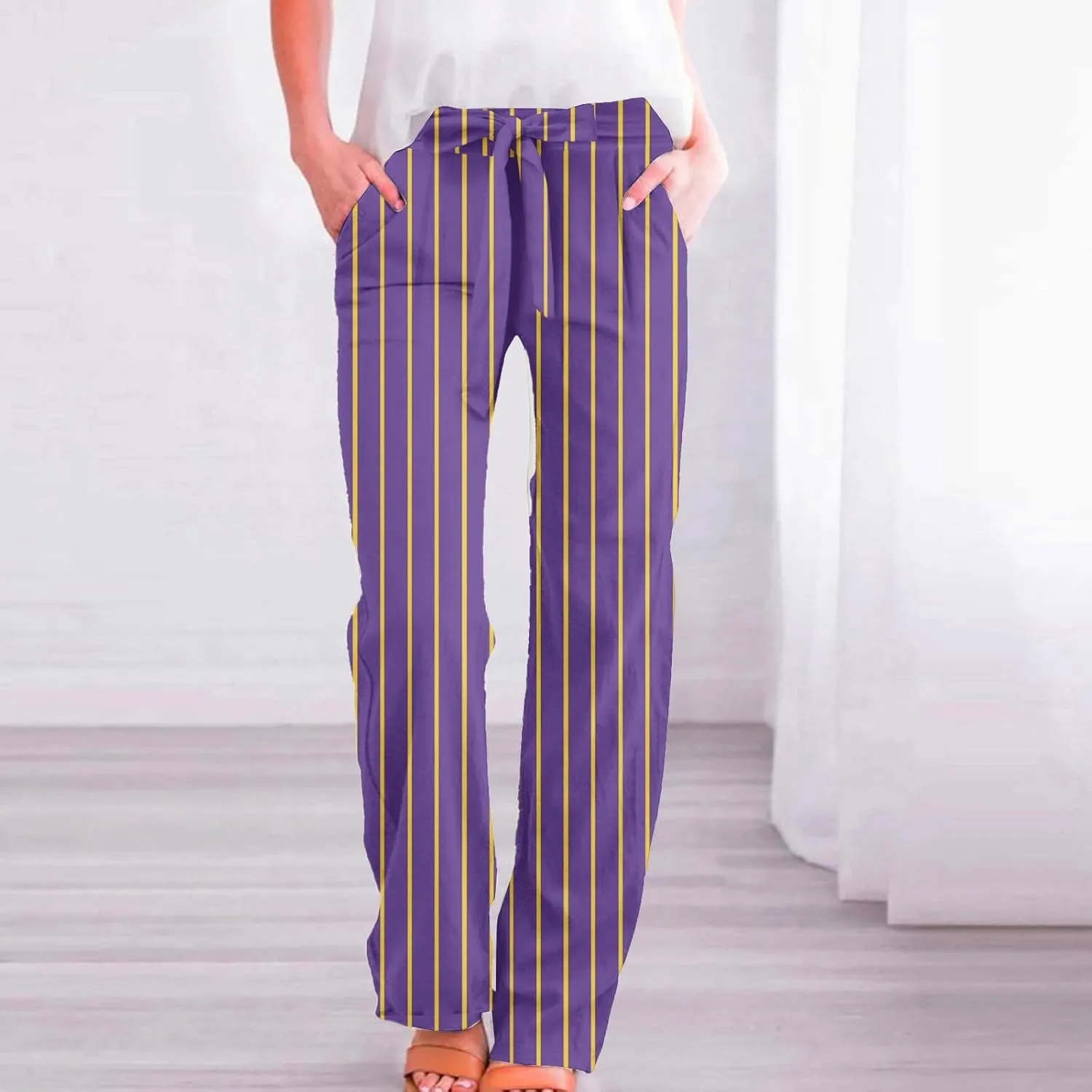 Womens High Waist Casual Linen Pants Adjustable Knot Drawstring Straight Leg Striped Print Lounge Trousers Pockets
