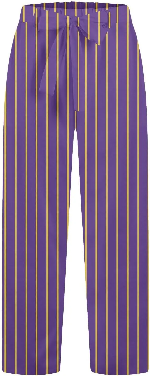 Womens High Waist Casual Linen Pants Adjustable Knot Drawstring Straight Leg Striped Print Lounge Trousers Pockets