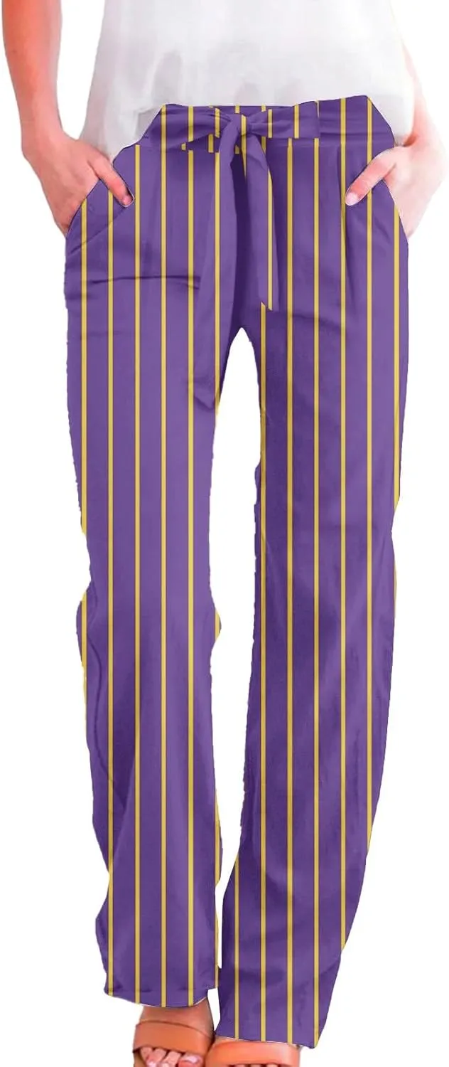 Womens High Waist Casual Linen Pants Adjustable Knot Drawstring Straight Leg Striped Print Lounge Trousers Pockets