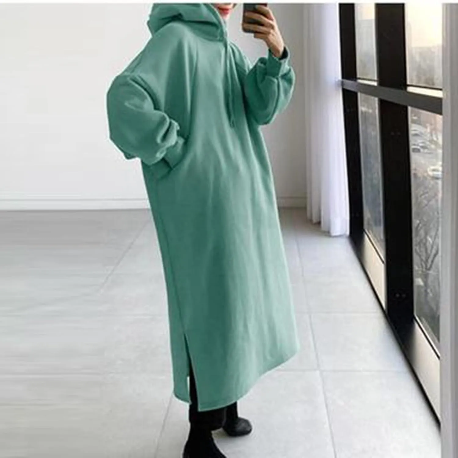 Women's Hooded Sweatshirt Side Split Tunic Dresses Long Sleeve Solid Casual Oversized Long Hoodie Pullovers Tops