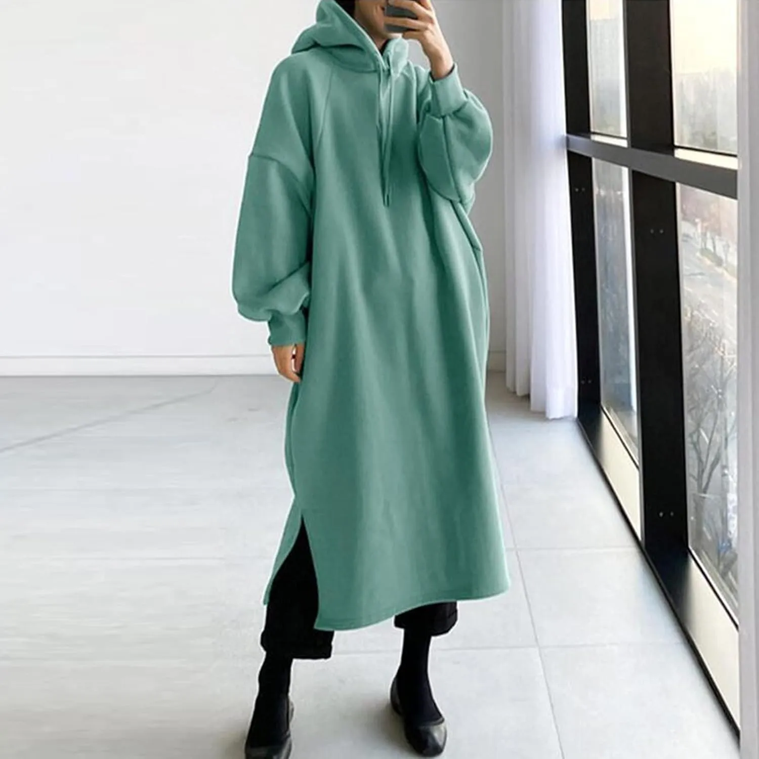 Women's Hooded Sweatshirt Side Split Tunic Dresses Long Sleeve Solid Casual Oversized Long Hoodie Pullovers Tops