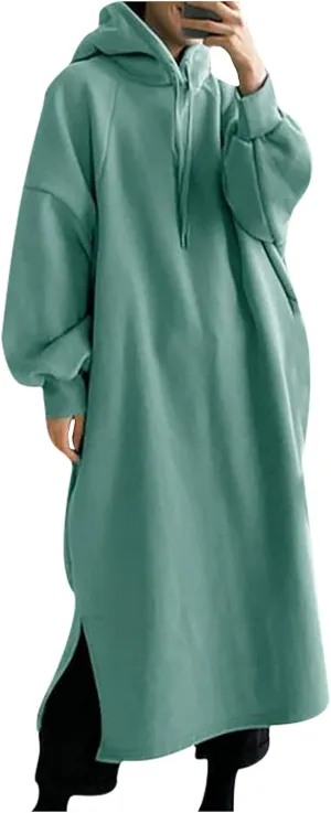Women's Hooded Sweatshirt Side Split Tunic Dresses Long Sleeve Solid Casual Oversized Long Hoodie Pullovers Tops
