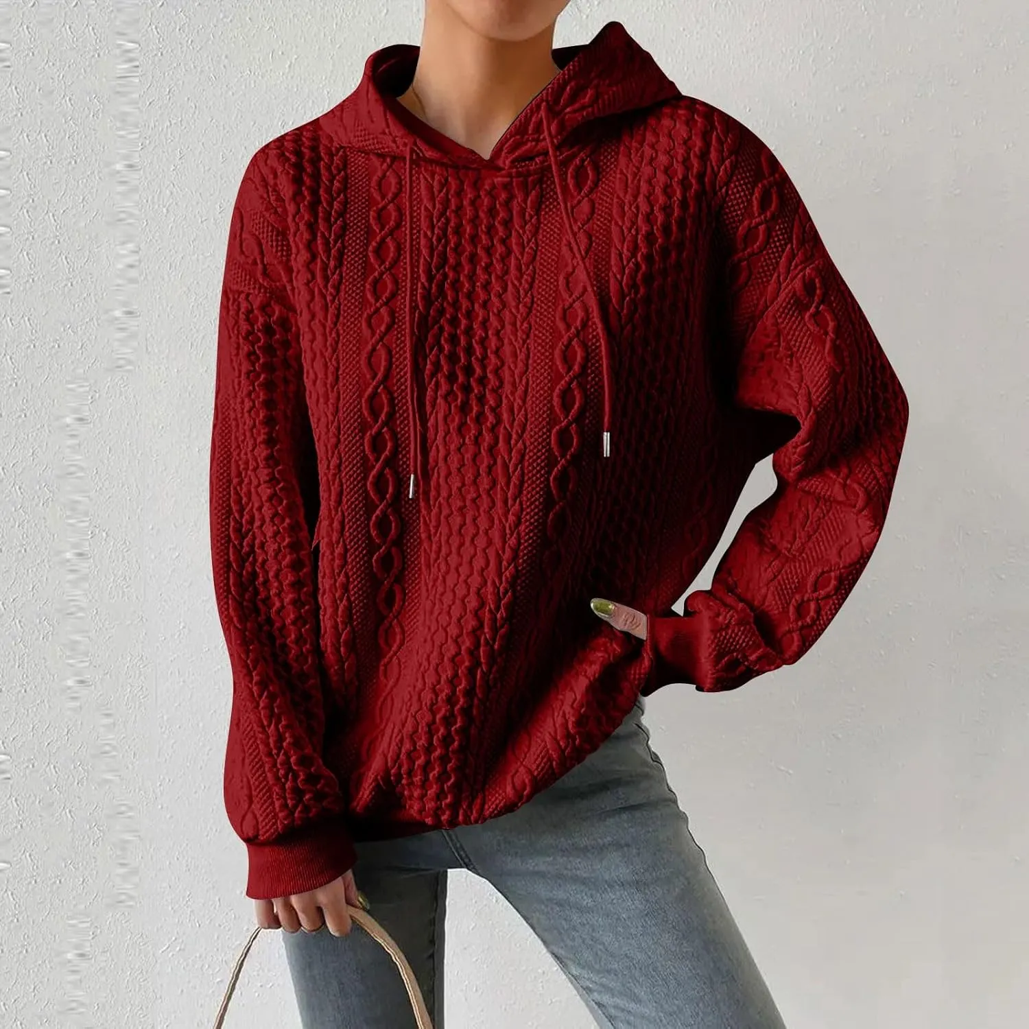 Womens Hoodies Cable Knitted Long Sleeve Drawstring Pullover Tops Loose Hooded Sweatshirt