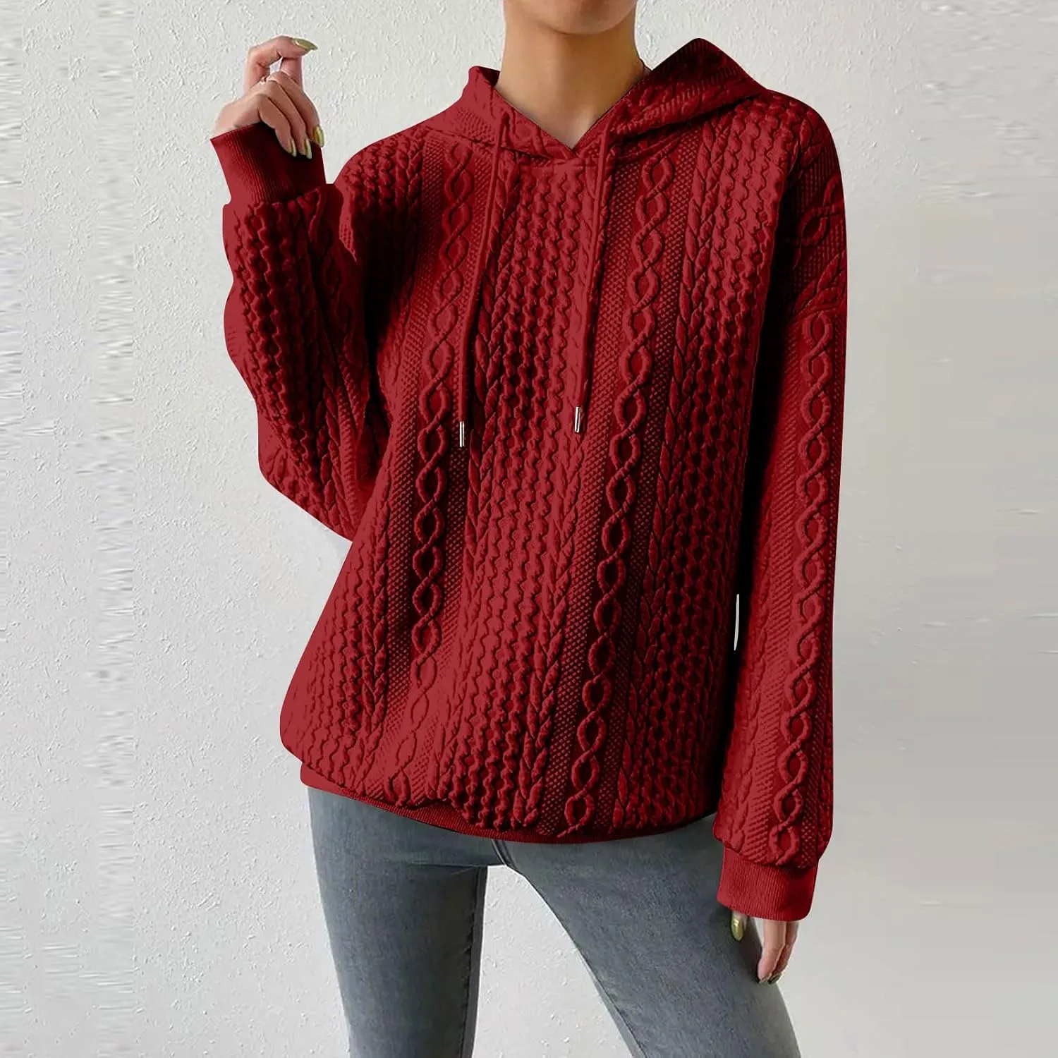 Womens Hoodies Cable Knitted Long Sleeve Drawstring Pullover Tops Loose Hooded Sweatshirt
