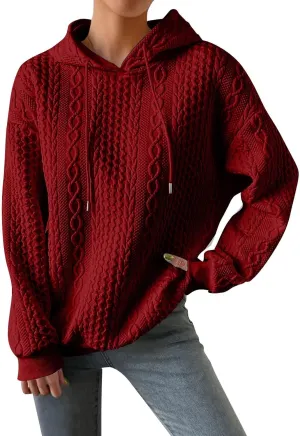 Womens Hoodies Cable Knitted Long Sleeve Drawstring Pullover Tops Loose Hooded Sweatshirt