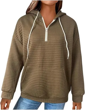 Womens Hoodies Casual Long Sleeve Drawstring Waffle Knit Pullover Tops Loose Hooded Sweatshirt with Pocket