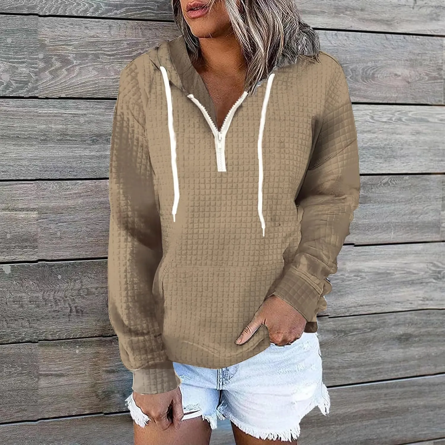 Womens Hoodies Casual Long Sleeve Drawstring Waffle Knit Pullover Tops Loose Hooded Sweatshirt with Pocket