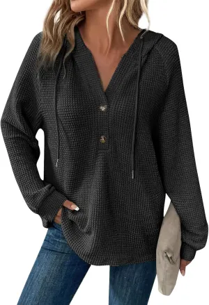 Womens Hoodies Hoodies for Women Waffle Knit Drawstring Button V Neck Long Sleeve Casual Pullover Sweatshirt Hooded Tops