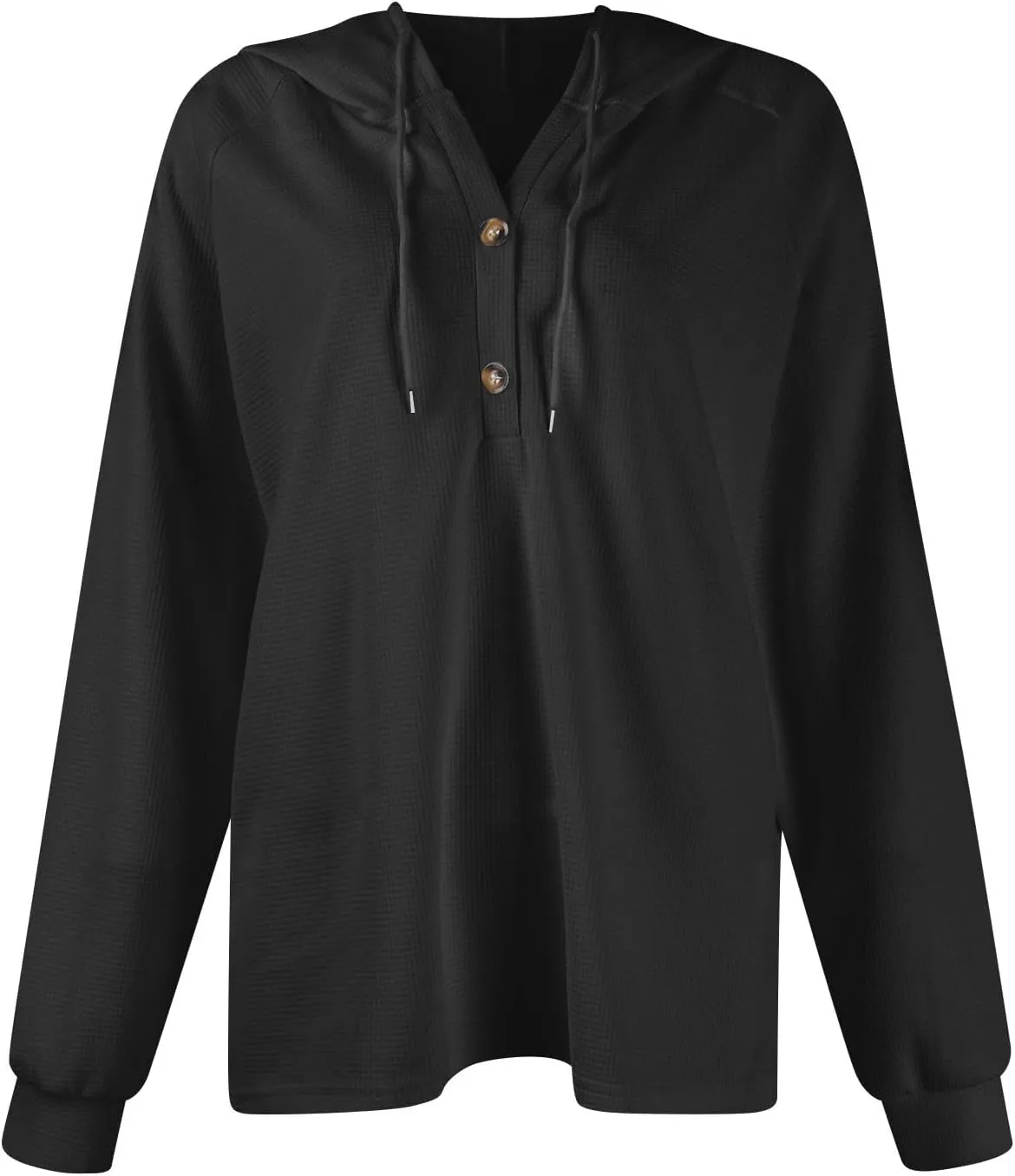 Womens Hoodies Hoodies for Women Waffle Knit Drawstring Button V Neck Long Sleeve Casual Pullover Sweatshirt Hooded Tops