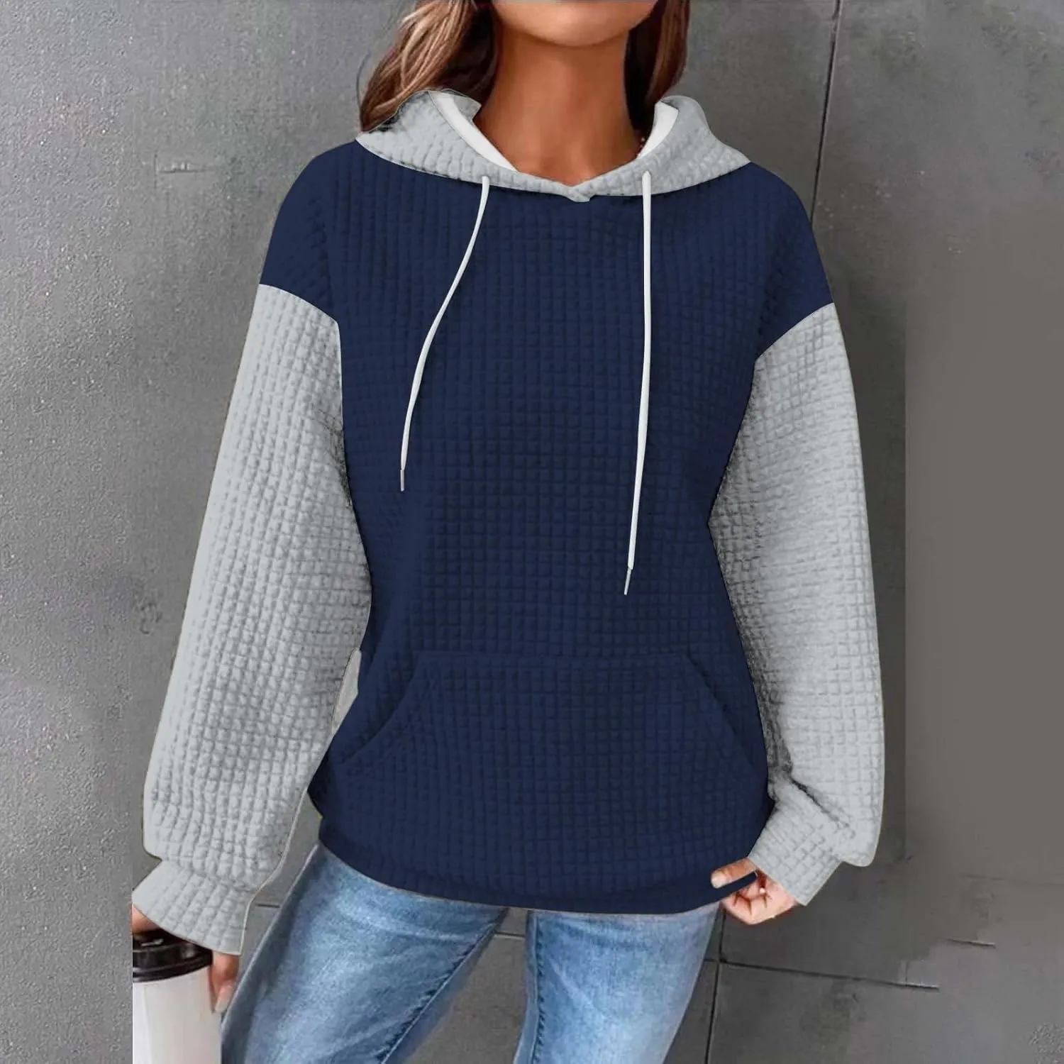 Womens Hoodies Oversized Sweatshirts 2024 Fashion Block Color Casual Crewneck Long Sleeve Loose Fit Winter Clothes