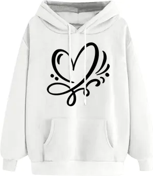 Women's Hoodies Pullover Cute Heart Sweatshirts Casual Long Sleeve Tops Kangaroo Pocket Sweatshirt for Teen Girl