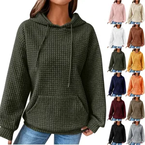 Womens Hoodies Pullover Quilted Long Sleeve Knit Oversized Sweatshirt Fall Drawstring Hooded Sweatshirts with Pocket