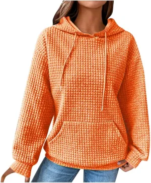 Womens Hoodies Pullover Quilted Long Sleeve Knit Oversized Sweatshirt Fall Drawstring Hooded Sweatshirts with Pocket