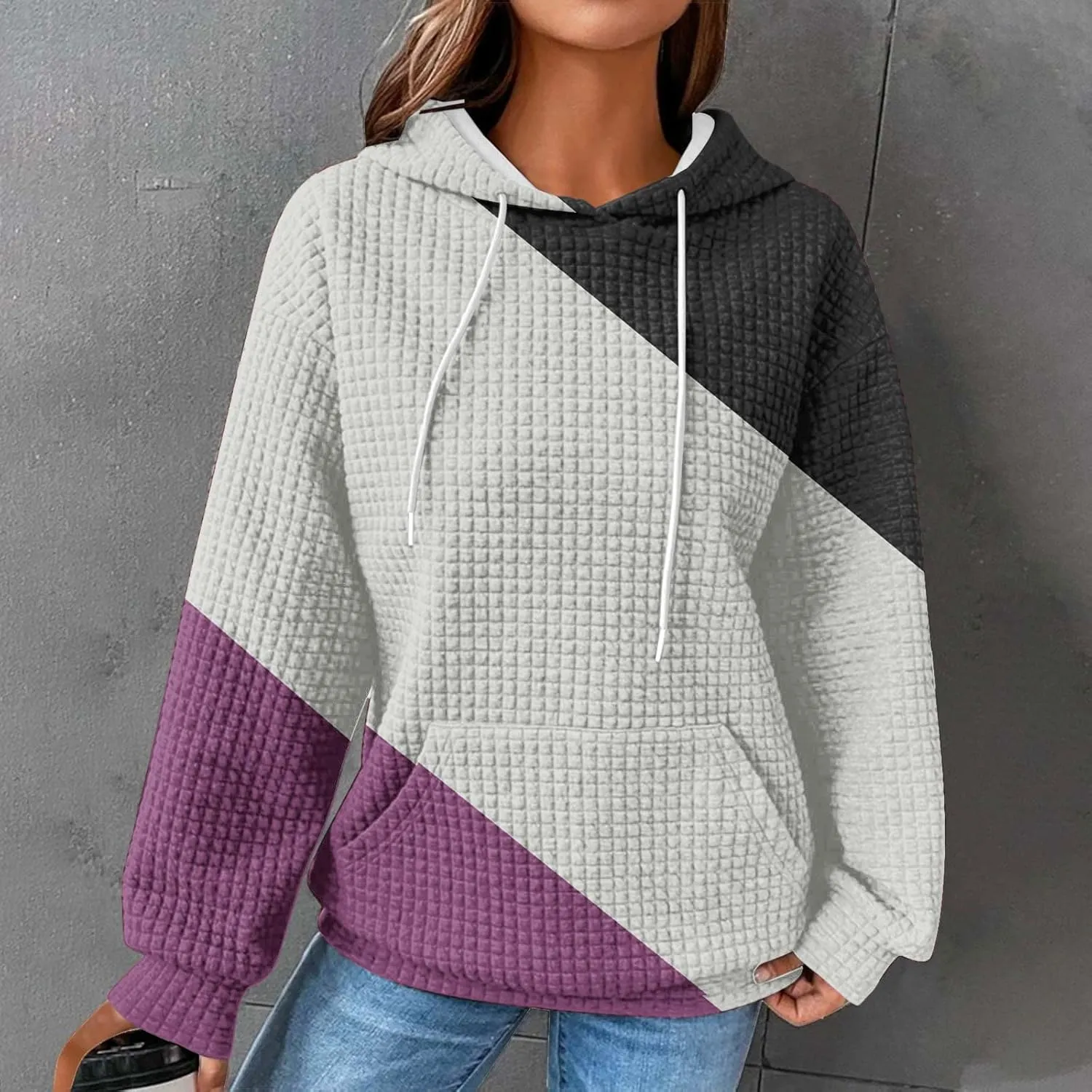Womens Hoodies Waffle Hooded Sweatshirt Long Sleeve Casual Loose Fit Pullover Tops 2024 Fall Fashion with Pocket