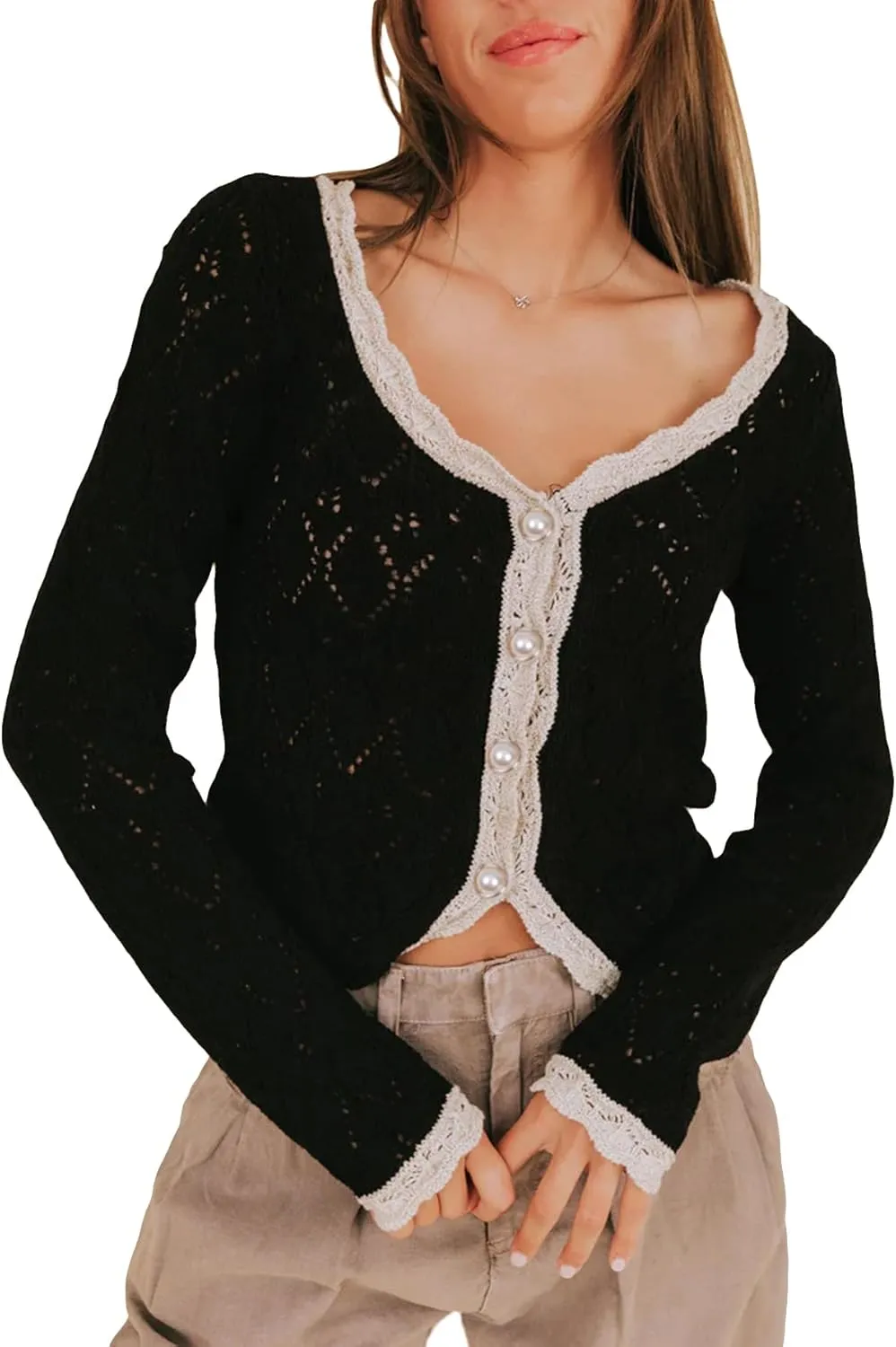 Women's Knit Crochet Sweater Cardigan Cropped Button Down Lace Hollow Out Lightweight Shrug Tops