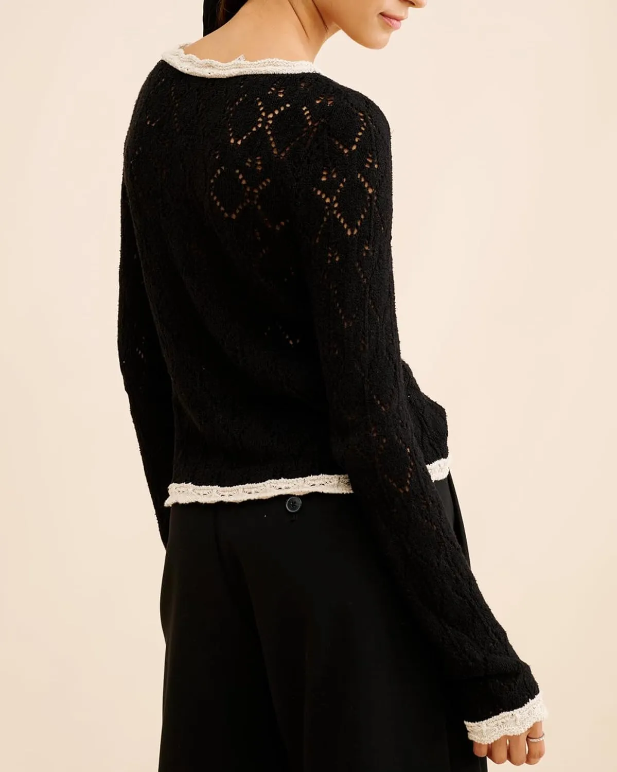 Women's Knit Crochet Sweater Cardigan Cropped Button Down Lace Hollow Out Lightweight Shrug Tops