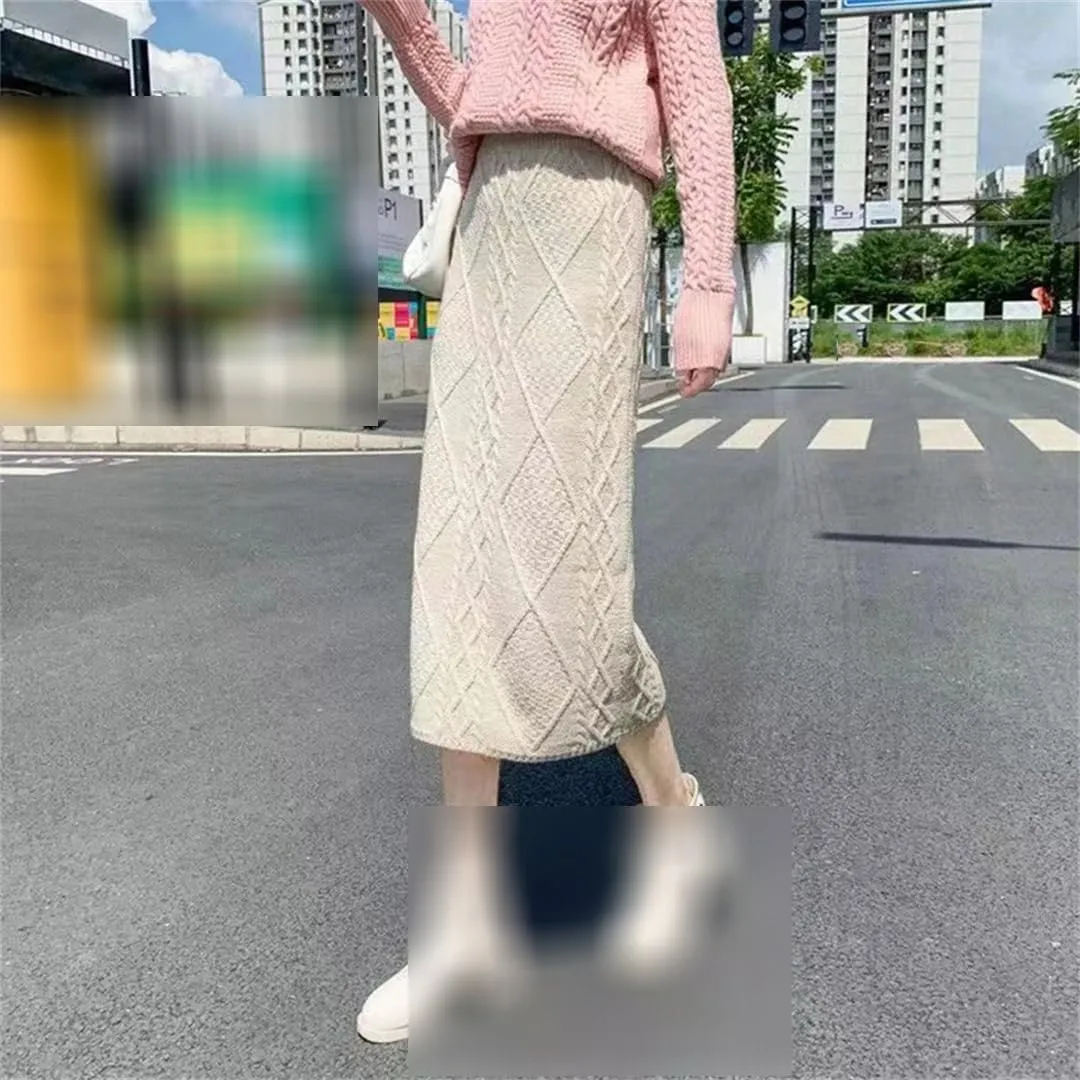 Women's Knitted Skirts High Waist Pencil Skirts Solid Color Autumn Ladies Long Skirt