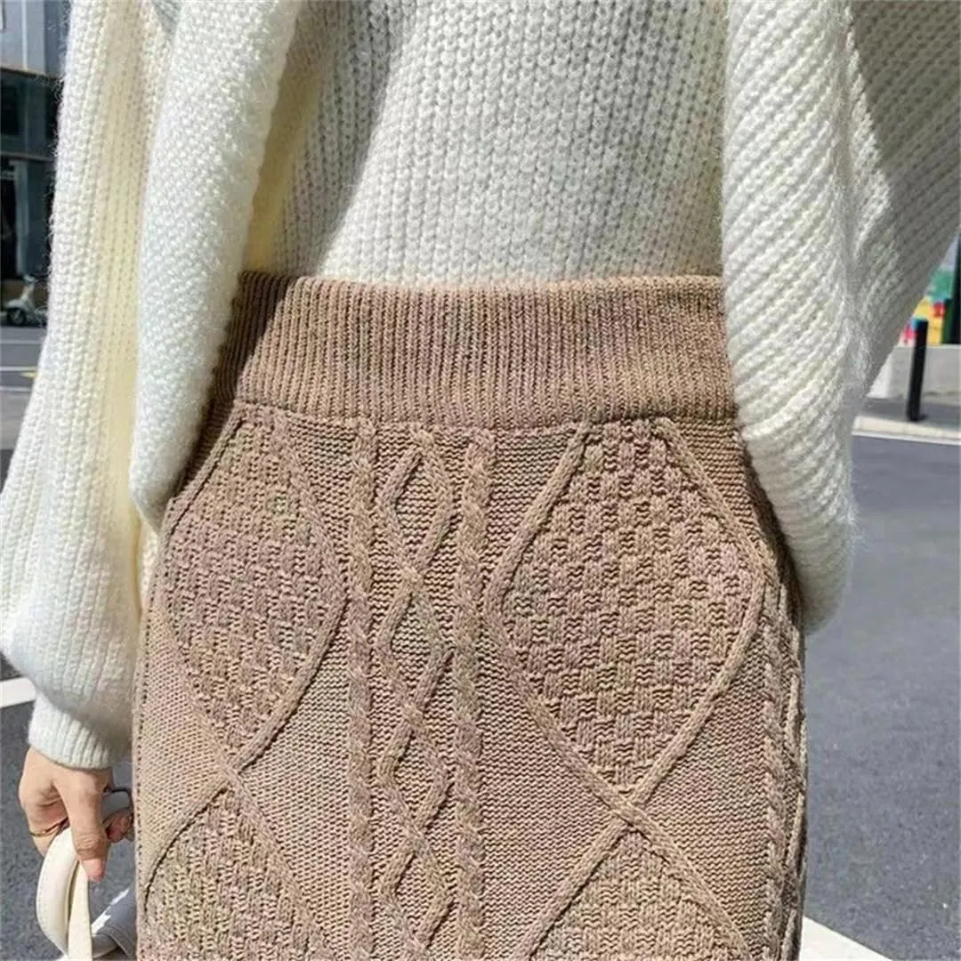 Women's Knitted Skirts High Waist Pencil Skirts Solid Color Autumn Ladies Long Skirt