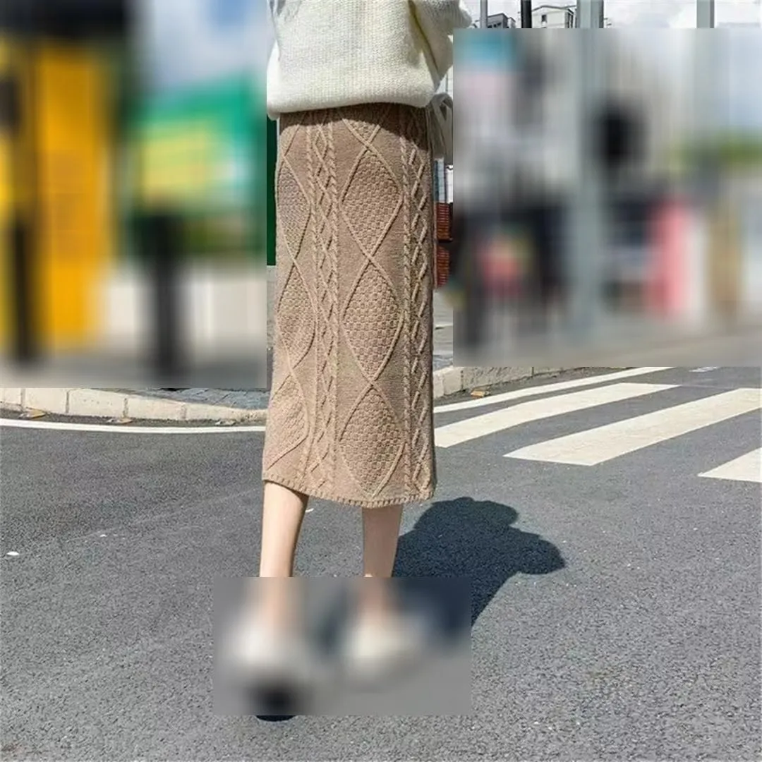 Women's Knitted Skirts High Waist Pencil Skirts Solid Color Autumn Ladies Long Skirt