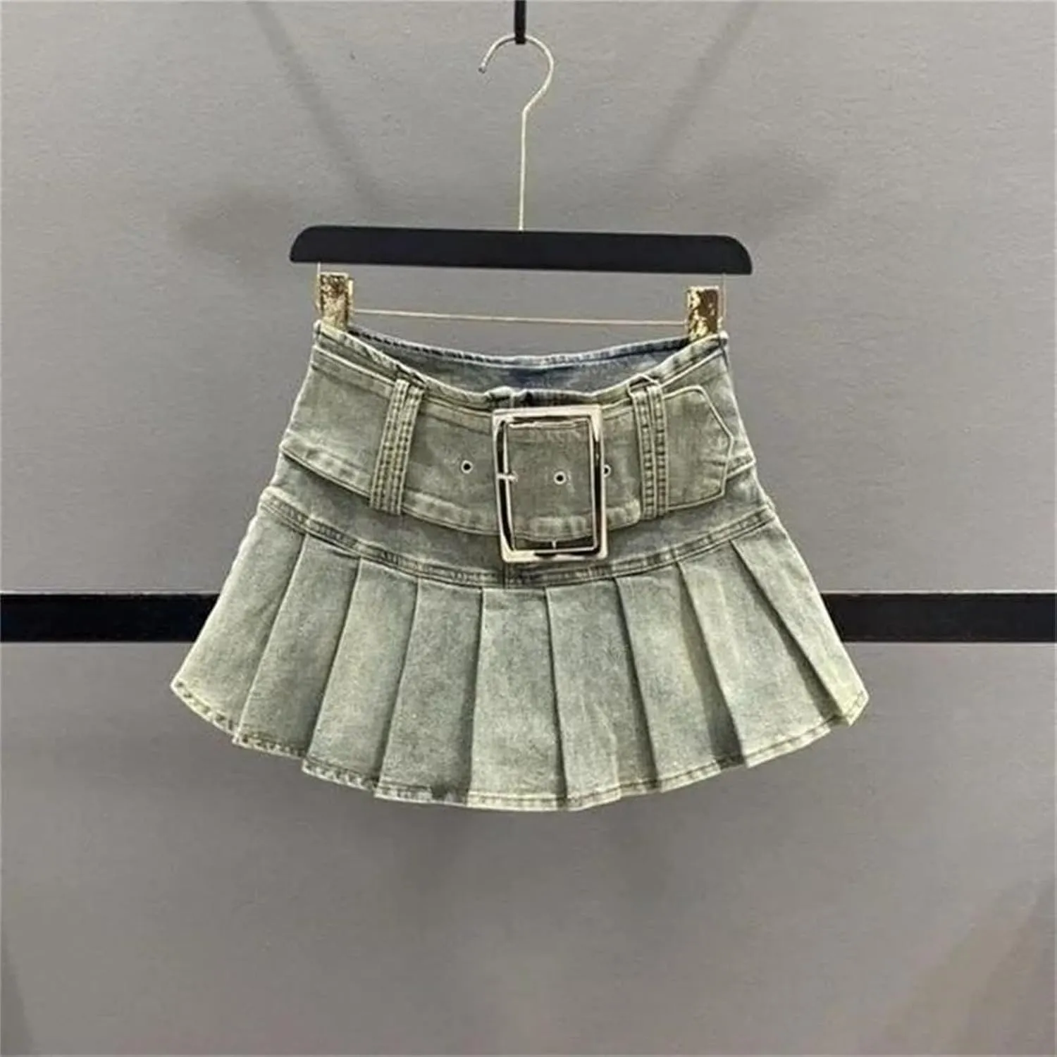 Women's Korean Style Denim Pleated Short Skirt Summer High Waisted Motorcycle Mini Culottes Skirts