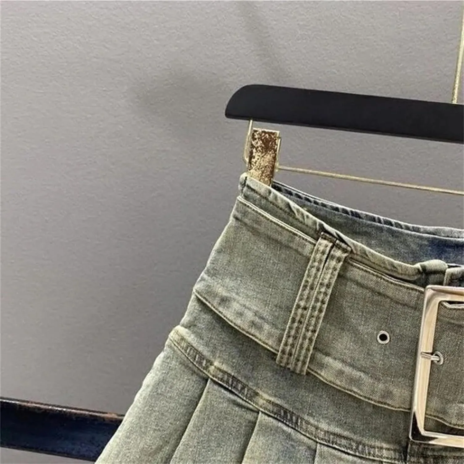 Women's Korean Style Denim Pleated Short Skirt Summer High Waisted Motorcycle Mini Culottes Skirts