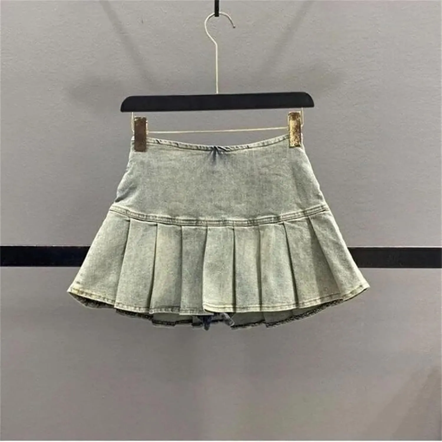 Women's Korean Style Denim Pleated Short Skirt Summer High Waisted Motorcycle Mini Culottes Skirts