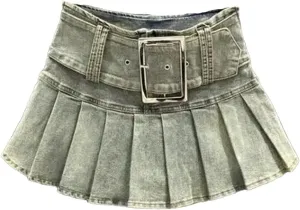 Women's Korean Style Denim Pleated Short Skirt Summer High Waisted Motorcycle Mini Culottes Skirts